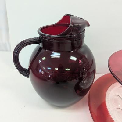 Anchor Hocking Red Pitcher Ruby Cranberry Glasses 3-Tier Tea Cake Server & Chip Bowl Set