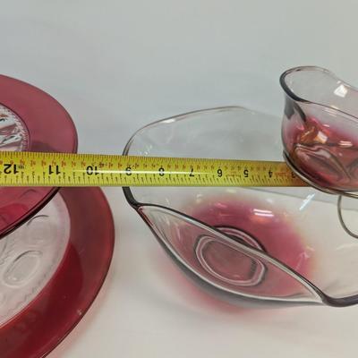Anchor Hocking Red Pitcher Ruby Cranberry Glasses 3-Tier Tea Cake Server & Chip Bowl Set