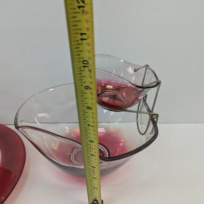 Anchor Hocking Red Pitcher Ruby Cranberry Glasses 3-Tier Tea Cake Server & Chip Bowl Set