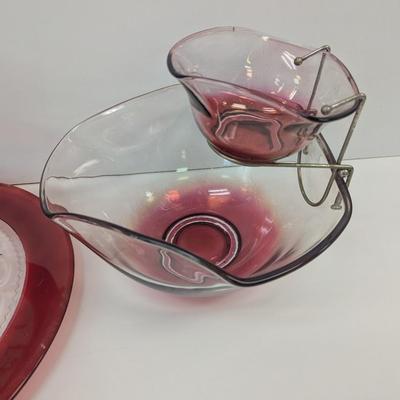 Anchor Hocking Red Pitcher Ruby Cranberry Glasses 3-Tier Tea Cake Server & Chip Bowl Set