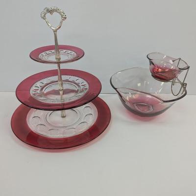 Anchor Hocking Red Pitcher Ruby Cranberry Glasses 3-Tier Tea Cake Server & Chip Bowl Set