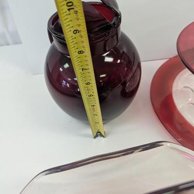 Anchor Hocking Red Pitcher Ruby Cranberry Glasses 3-Tier Tea Cake Server & Chip Bowl Set
