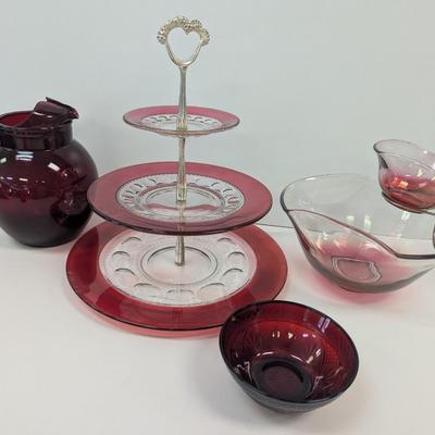 Anchor Hocking Red Pitcher Ruby Cranberry Glasses 3-Tier Tea Cake Server & Chip Bowl Set