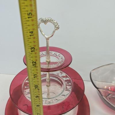 Anchor Hocking Red Pitcher Ruby Cranberry Glasses 3-Tier Tea Cake Server & Chip Bowl Set