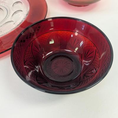 Anchor Hocking Red Pitcher Ruby Cranberry Glasses 3-Tier Tea Cake Server & Chip Bowl Set