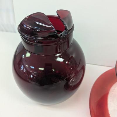 Anchor Hocking Red Pitcher Ruby Cranberry Glasses 3-Tier Tea Cake Server & Chip Bowl Set