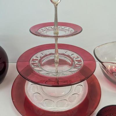 Anchor Hocking Red Pitcher Ruby Cranberry Glasses 3-Tier Tea Cake Server & Chip Bowl Set