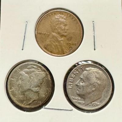 1941 Wheat Penny, 1945 Mercury Dime, 1970 Roosevelt Dime