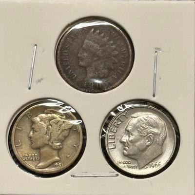 1905 Indian Head penny, 1941 D Mercury Dime, 1966 R. Dime