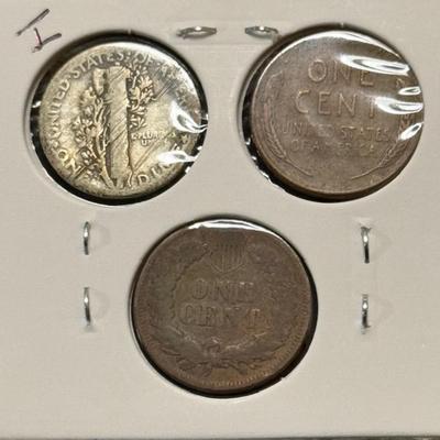 1906 Indian Head Penny, 1935 Mercury Dime, 1957 D W. Penny