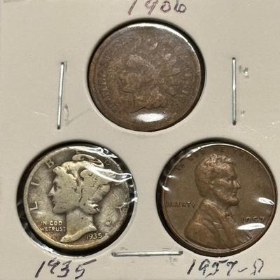 1906 Indian Head Penny, 1935 Mercury Dime, 1957 D W. Penny