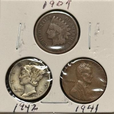 1907 Indian Head Penny, 1942 Mercury Dime, 1941 Wheat Penny