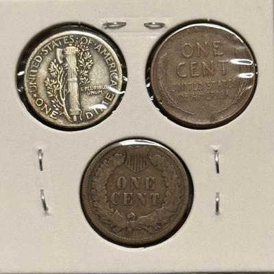 1907 Indian Head Penny, 1942 Mercury Dime, 1941 Wheat Penny