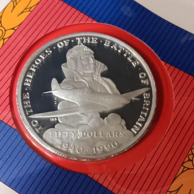 $50 BATTLE OF BRITAIN SILVER PROOF COIN FIRST DAY COVER, 1 TROY OZ .999 SILVER