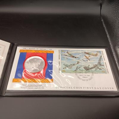 $50 BATTLE OF BRITAIN SILVER PROOF COIN FIRST DAY COVER, 1 TROY OZ .999 SILVER