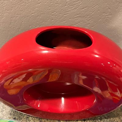 Red Round Planter with Cafe Paris Plates
