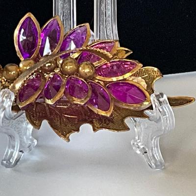 Vintage Faux Amethyst stones/ Gold Plated Pin