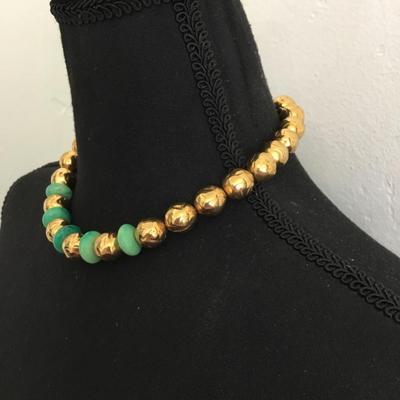 Rare Beautiful, Gold toned & faux jade beaded choker style necklace