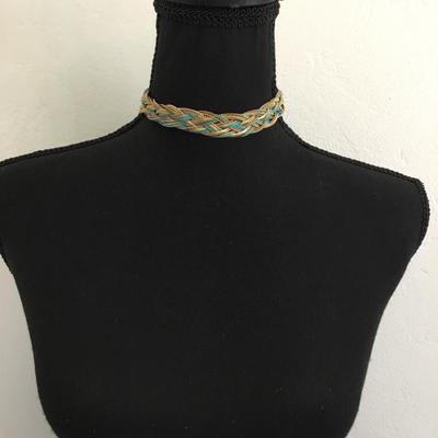 Natasha Braided Twisted Cord Turquoise Color Gold Tone Chain Choker Necklace