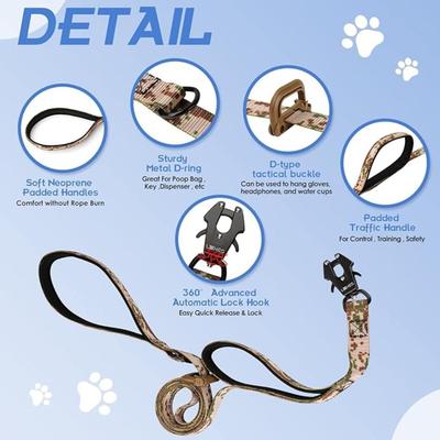 2ft Camo Camouflage Tactical Dog Leash with Rotating Frog Clip, Detachable Plastic Carabiner, and Durable Chew-Resistant Webbing for...