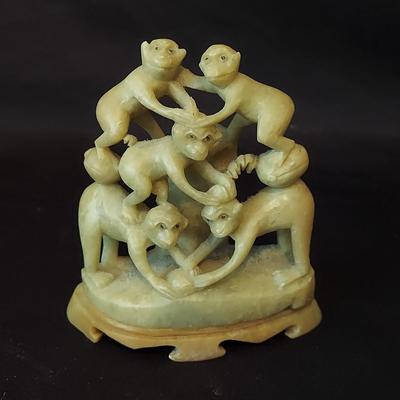 Carved Soapstone Monkey Pyramid and Elephants (B2-BBL)