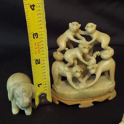 Carved Soapstone Monkey Pyramid and Elephants (B2-BBL)
