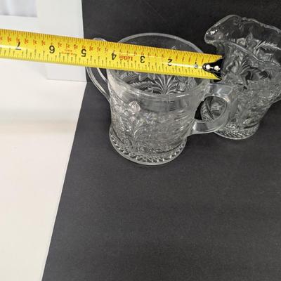 Ca. 1918 EAPG Indiana Glass Bouquet Narcissus Spray Handled Spooner & Small Pitcher