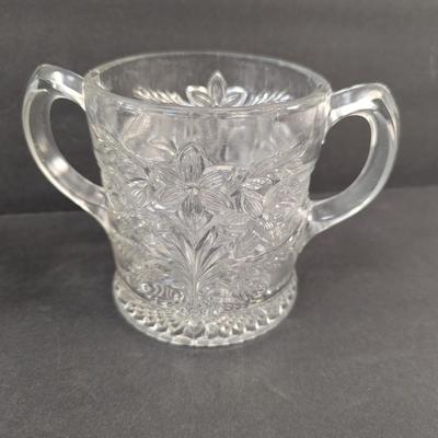 Ca. 1918 EAPG Indiana Glass Bouquet Narcissus Spray Handled Spooner & Small Pitcher