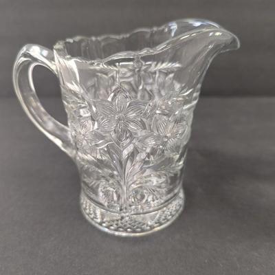Ca. 1918 EAPG Indiana Glass Bouquet Narcissus Spray Handled Spooner & Small Pitcher