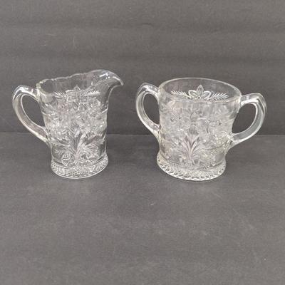 Ca. 1918 EAPG Indiana Glass Bouquet Narcissus Spray Handled Spooner & Small Pitcher