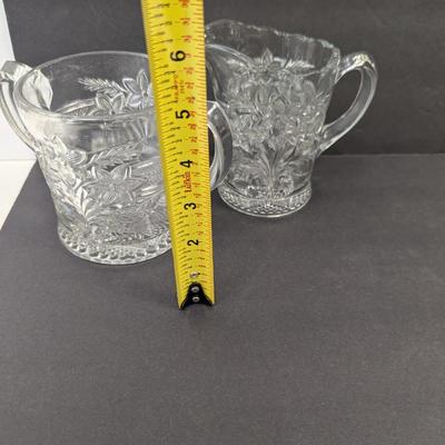 Ca. 1918 EAPG Indiana Glass Bouquet Narcissus Spray Handled Spooner & Small Pitcher