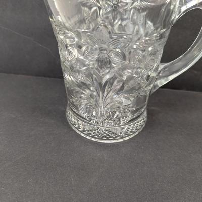 Ca. 1918 EAPG Indiana Glass Bouquet Narcissus Spray Handled Spooner & Small Pitcher