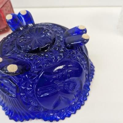 Fostoria Colony Crystal Jelly Dish With Cover Tiara Red Glass Candy Jar Colonial Star Eagle Cobalt Blue Birds Candy Dish