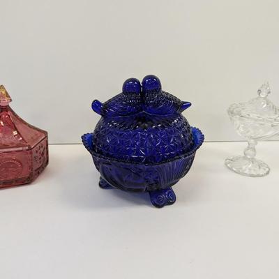 Fostoria Colony Crystal Jelly Dish With Cover Tiara Red Glass Candy Jar Colonial Star Eagle Cobalt Blue Birds Candy Dish