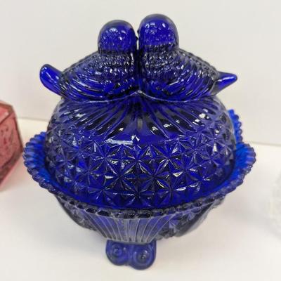 Fostoria Colony Crystal Jelly Dish With Cover Tiara Red Glass Candy Jar Colonial Star Eagle Cobalt Blue Birds Candy Dish