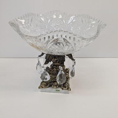 Brass Monarch Lead Crystal Pedestal Compote Bowl Drop Crystals With Marble Base