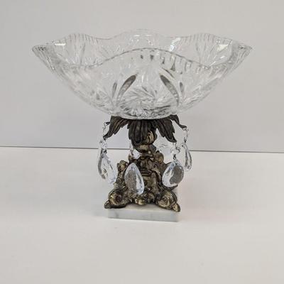 Brass Monarch Lead Crystal Pedestal Compote Bowl Drop Crystals With Marble Base