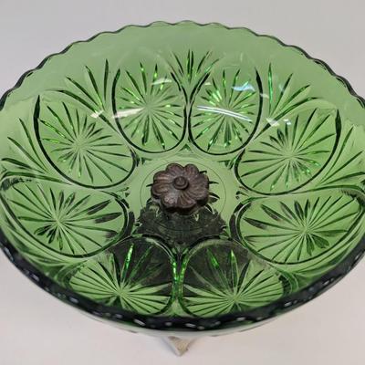 Anchor Hocking Emerald Green Star & Medallion Bowl With Metal & Marble Base