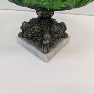Anchor Hocking Emerald Green Star & Medallion Bowl With Metal & Marble Base