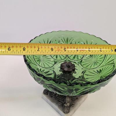Anchor Hocking Emerald Green Star & Medallion Bowl With Metal & Marble Base