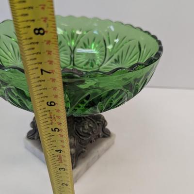 Anchor Hocking Emerald Green Star & Medallion Bowl With Metal & Marble Base