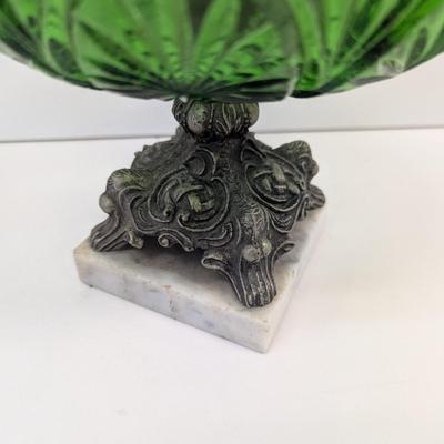 Anchor Hocking Emerald Green Star & Medallion Bowl With Metal & Marble Base