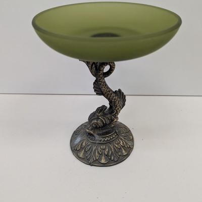 Chinese Koi Fish Bronze Metal Base With Green Trinket Dish 9 1/4" Tall