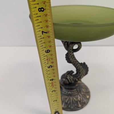 Chinese Koi Fish Bronze Metal Base With Green Trinket Dish 9 1/4" Tall