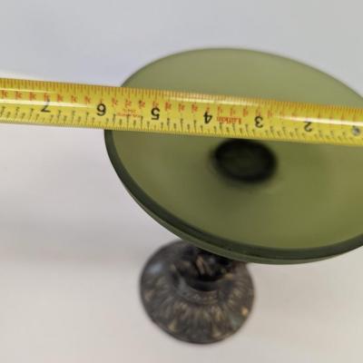 Chinese Koi Fish Bronze Metal Base With Green Trinket Dish 9 1/4" Tall