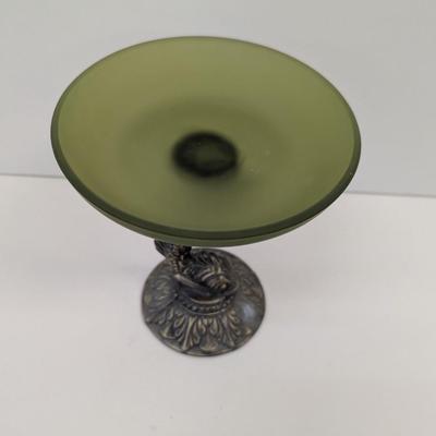 Chinese Koi Fish Bronze Metal Base With Green Trinket Dish 9 1/4" Tall