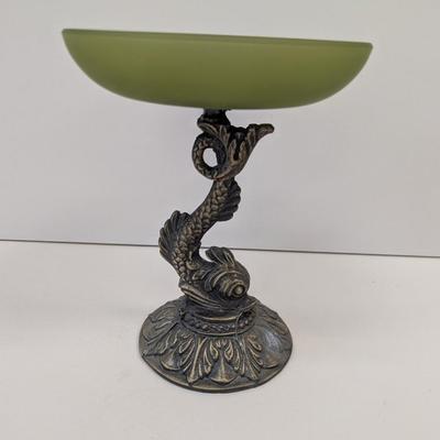 Chinese Koi Fish Bronze Metal Base With Green Trinket Dish 9 1/4" Tall