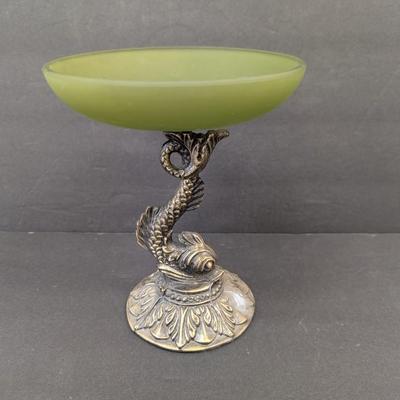Chinese Koi Fish Bronze Metal Base With Green Trinket Dish 9 1/4" Tall