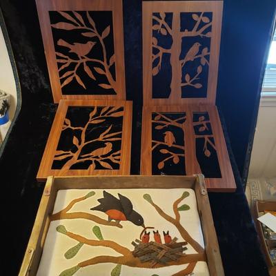 Four Wood Bird Cut Outs and Felted Bird Art (LR-KD)
