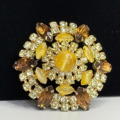 Tiger eye Pin with yellow Austrian Crystals